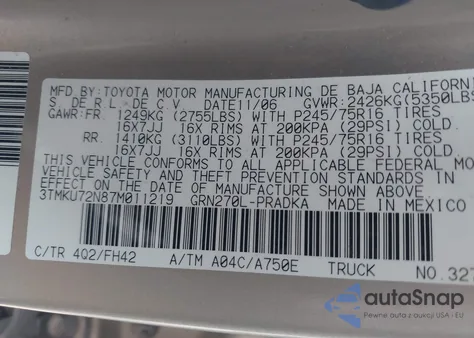 2007 Toyota Tacoma Prerunner V6 from USA, damaged, VIN 3TMKU72N87M011219